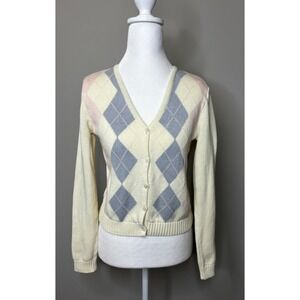 John Galt Brandy Melville Argyle Cardigan Sweater Preppy Light Blue Pink Sz XS/S